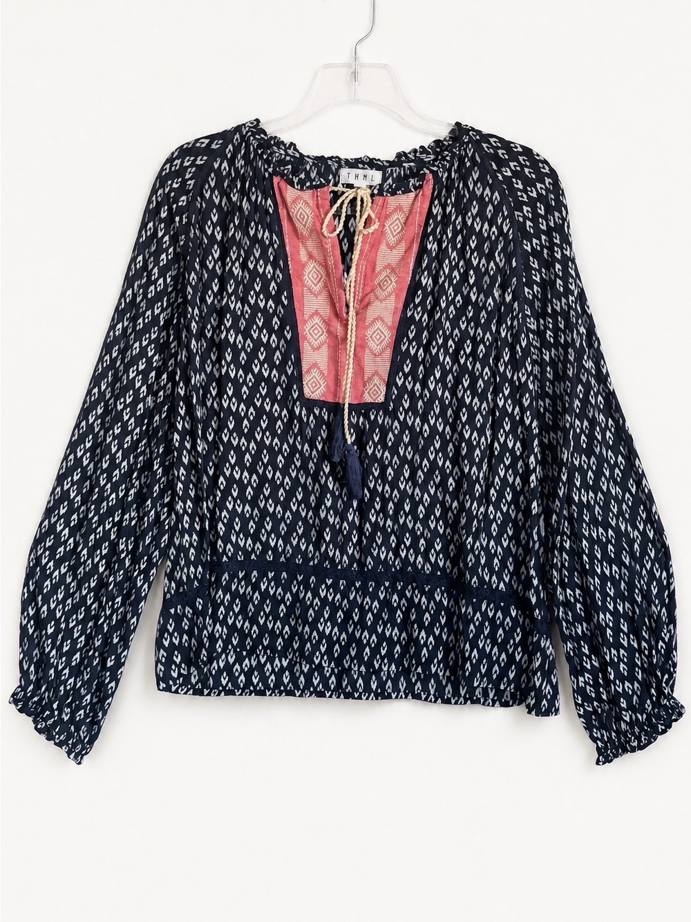 THML Navy Coral Geometric Boho Tassel Tie Balloon Sleeve Blouse - Picture 2 of 11